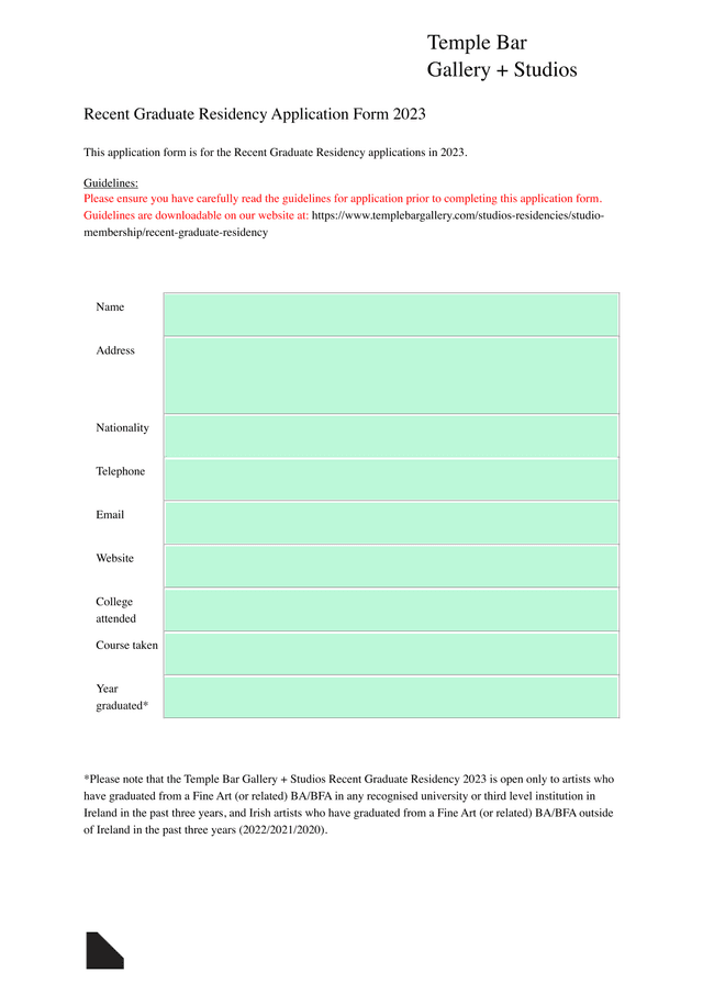 Temple Bar Gallery  Studios Recent Graduate Residency Application Form 2023 screenshot