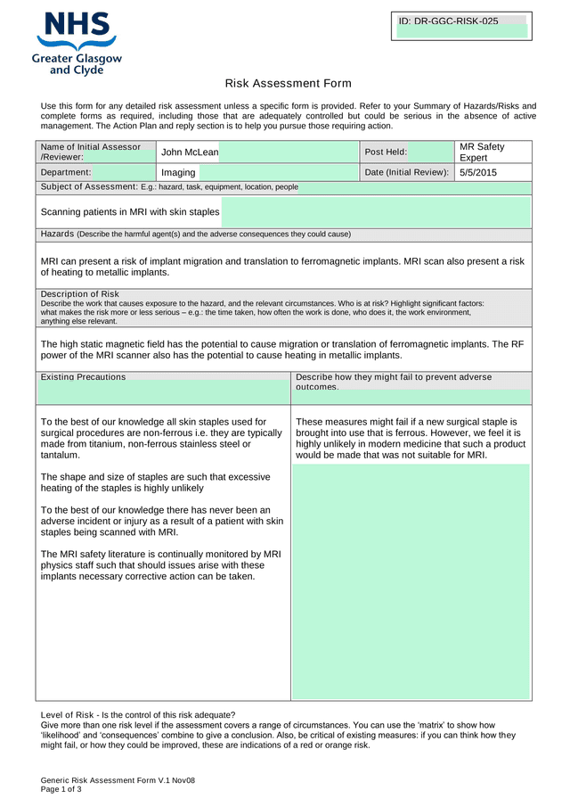 Generic Risk Assessment Form V.1 Nov08 screenshot