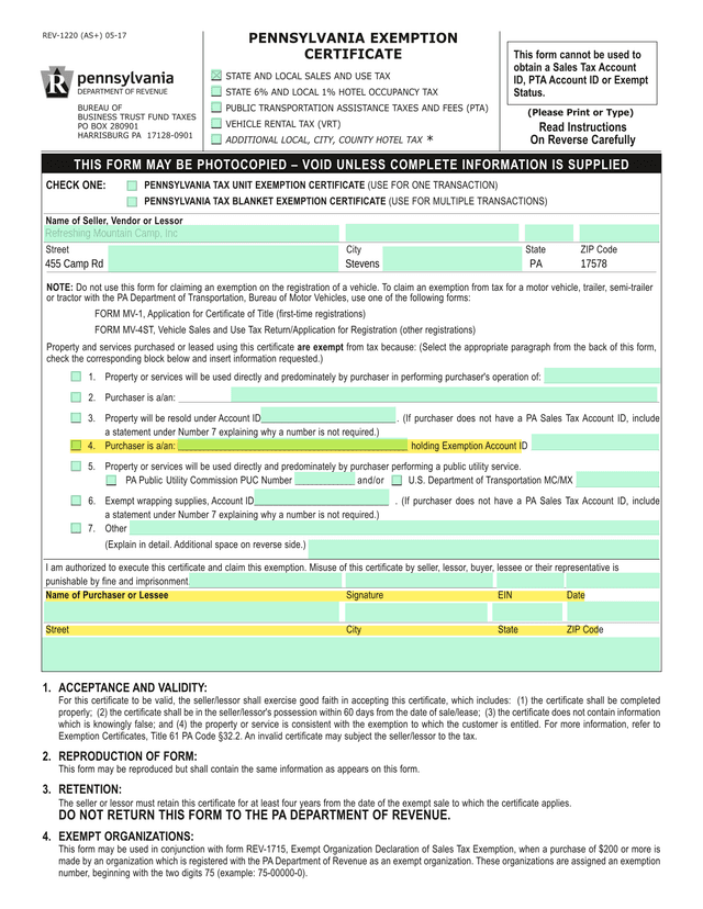 Pennsylvania Tax Unit Exemption Certificate screenshot