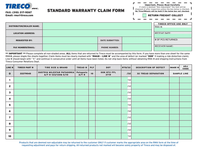 STANDARD WARRANTY CLAIM FORM screenshot