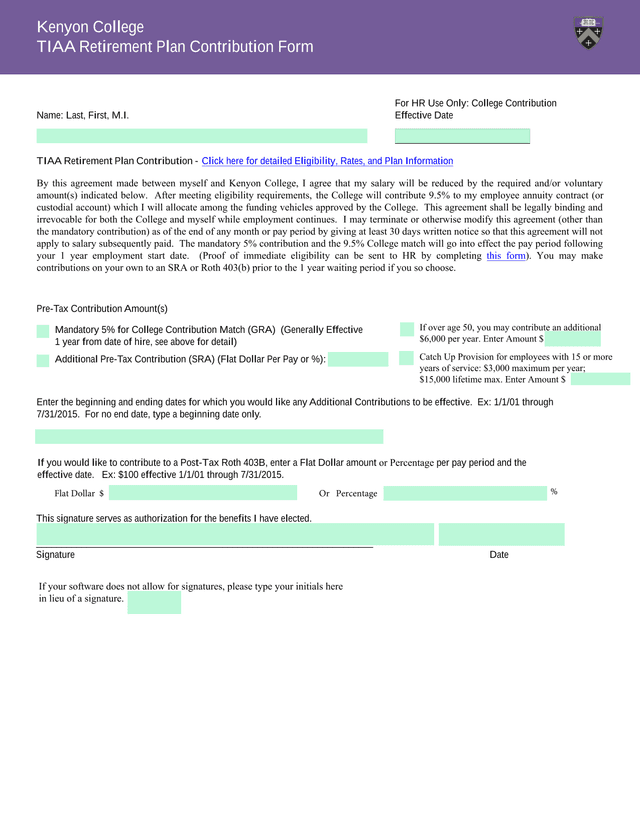 TIAA Retirement Plan Contribution Form screenshot