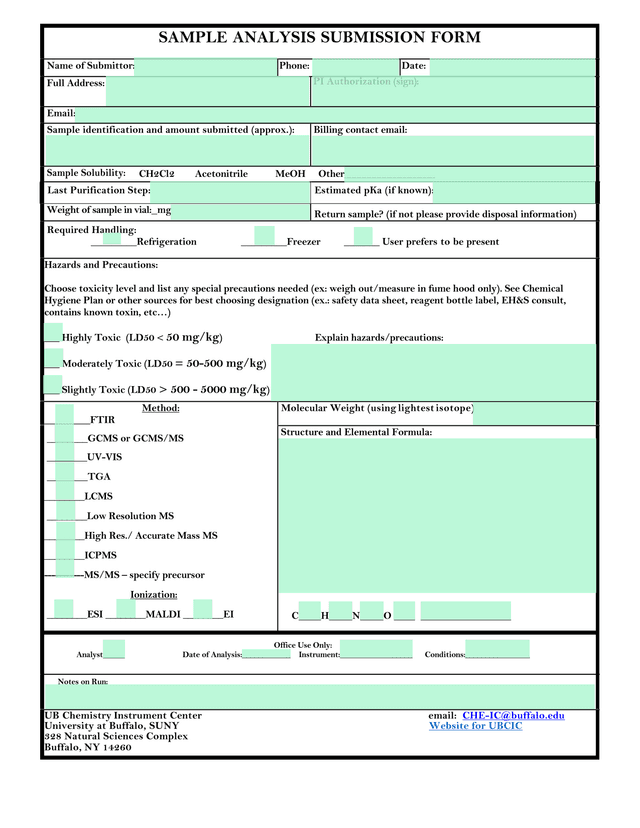 Sample Analysis Submission Form screenshot