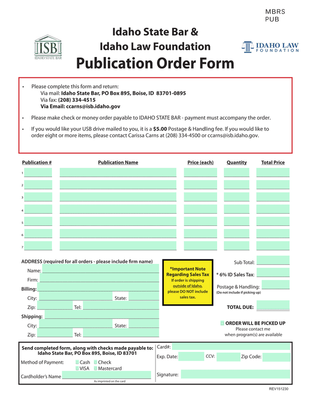 Idaho State Bar Publication Order Form screenshot