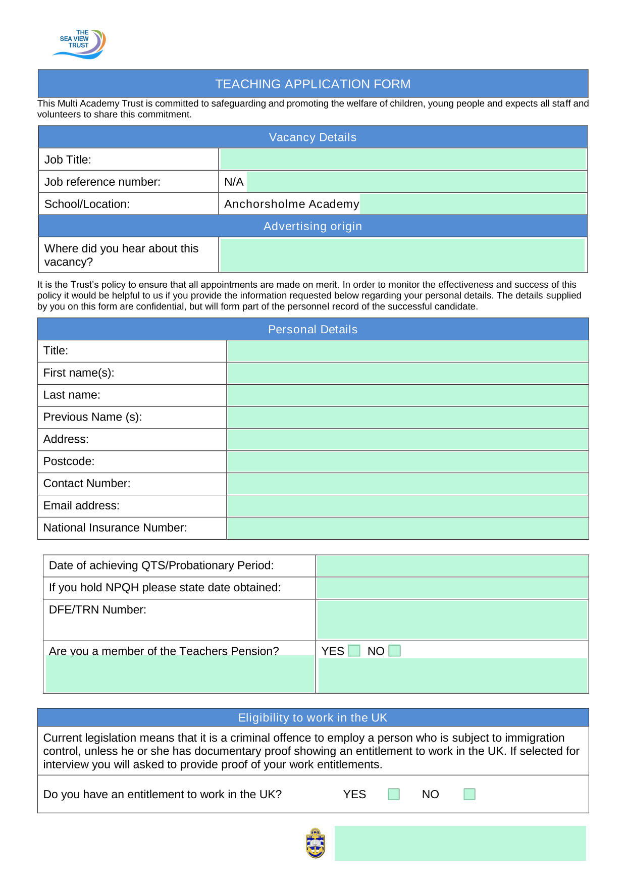 TEACHING APPLICATION FORM screenshot