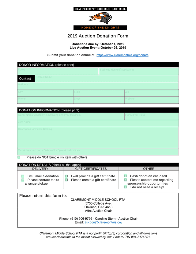 2019 Auction Donation Form screenshot