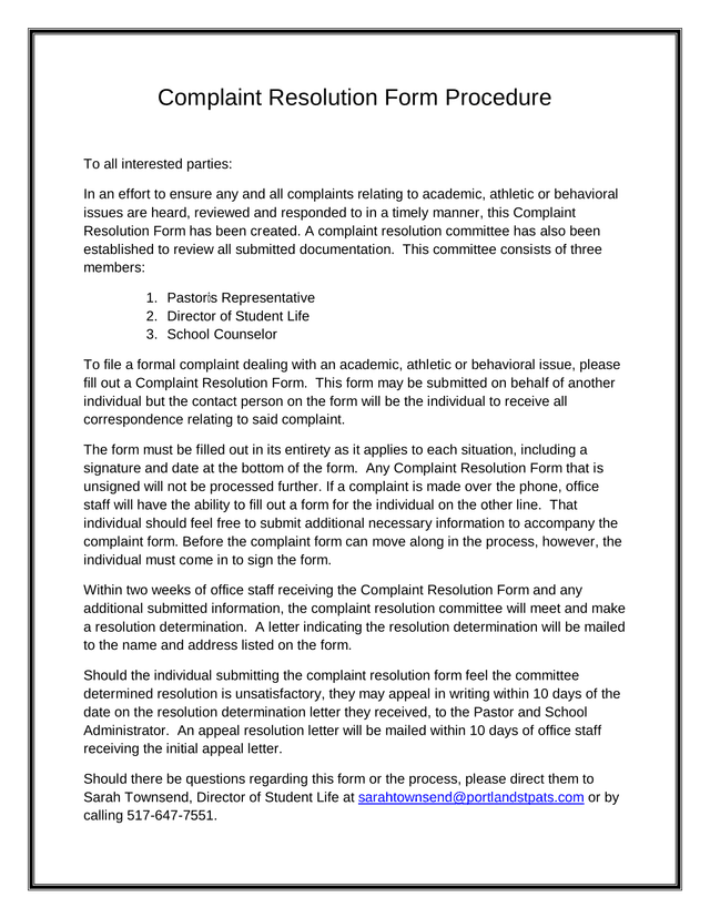 Complaint Resolution Form Procedure screenshot