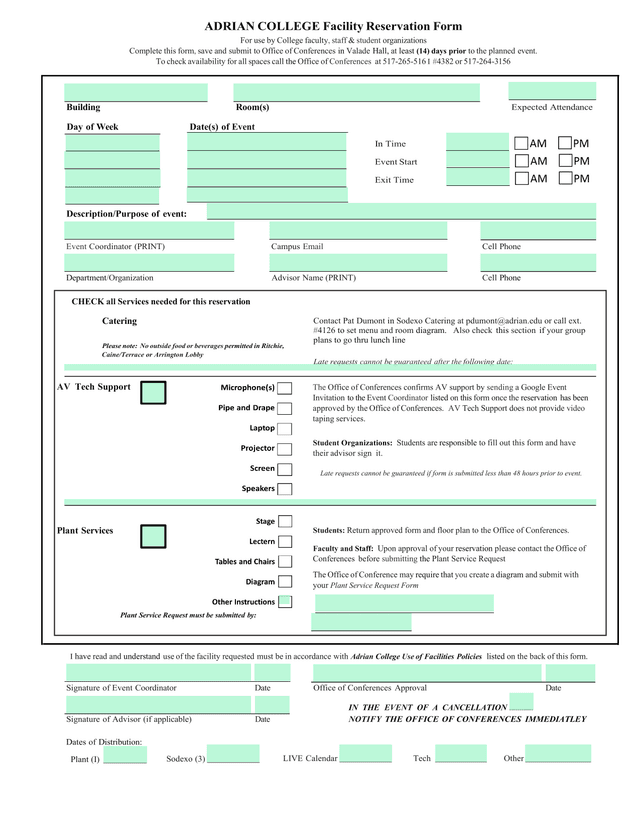 Adrian College Facility Reservation Form screenshot