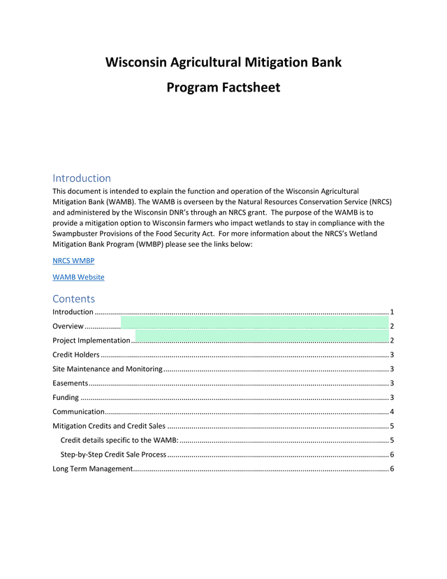 Wisconsin Agricultural Mitigation Bank Program Factsheet screenshot