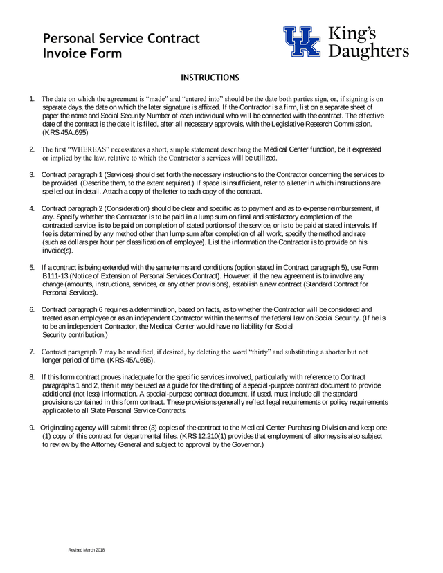 Personal Service Contract Invoice Form screenshot