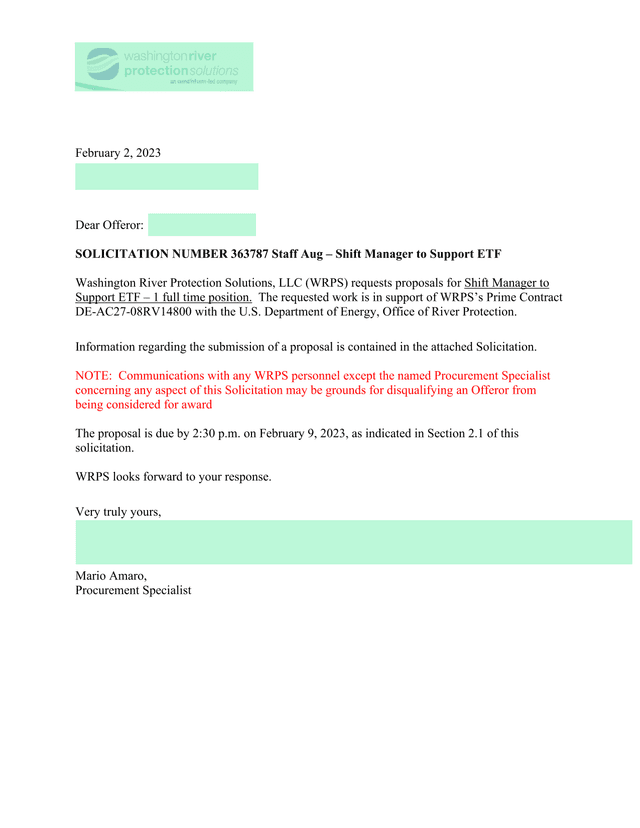 SOLICITATION NUMBER 363787 Staff Aug  Shift Manager To Support ETF screenshot