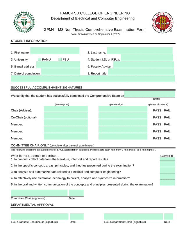 GPM4  MS Non Thesis Comprehensive Examination Form screenshot