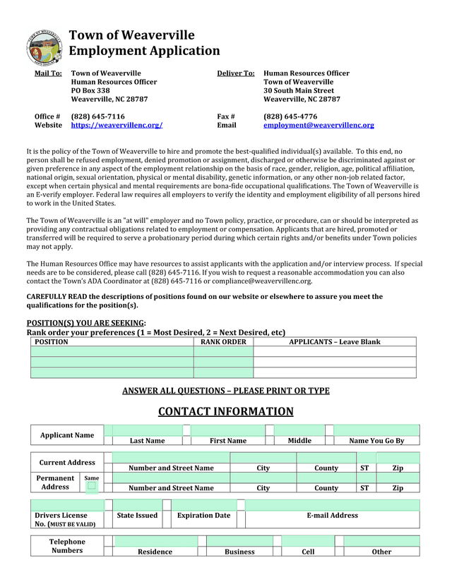 Town Of Weaverville Employment Application screenshot