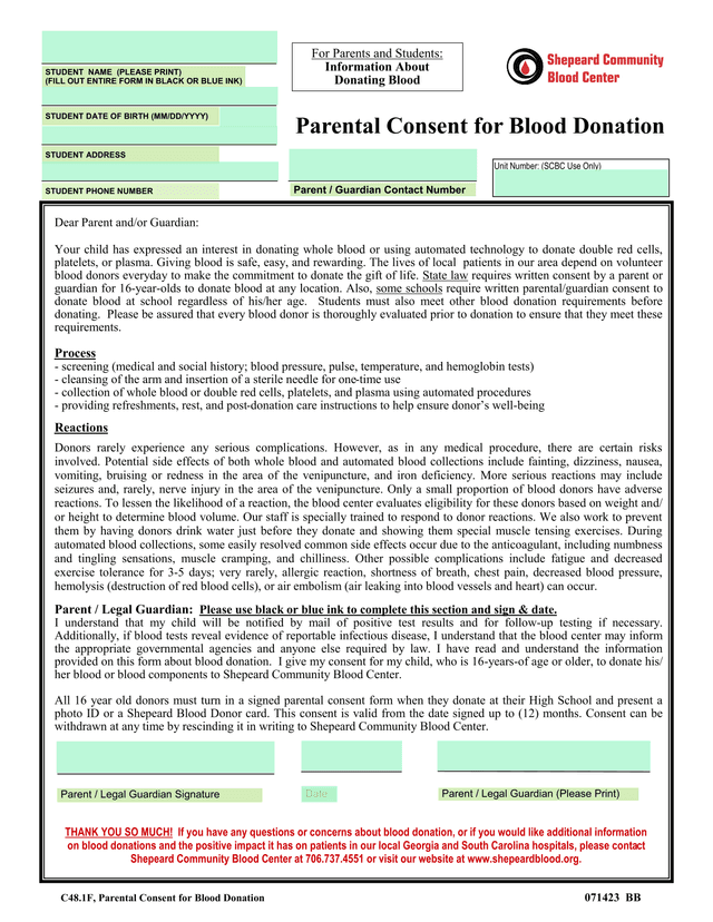 ParentGuardian Blood Donation Consent Form screenshot