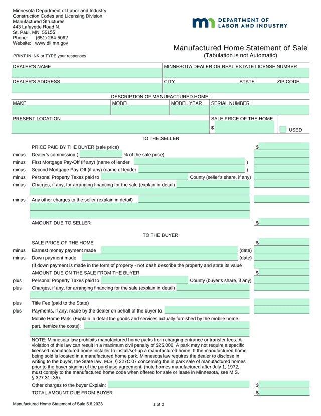Manufactured Home Statement Of Sale screenshot