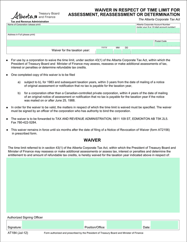 Waiver In Respect Of Time Limit For Assessment, Reassessment Or Determination screenshot