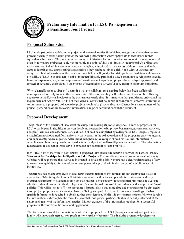 Preliminary Information For LSU Participation In A Significant Joint Project screenshot