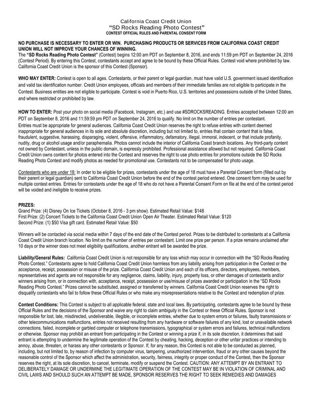 SD Rocks Reading Photo Contest Official Rules And Parental Consent Form screenshot