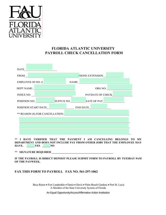 PAYROLL CHECK CANCELLATION FORM screenshot