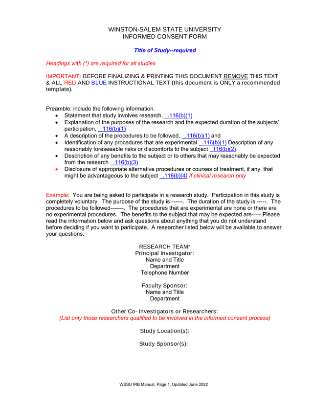 Winston Salem State University Informed Consent Form screenshot