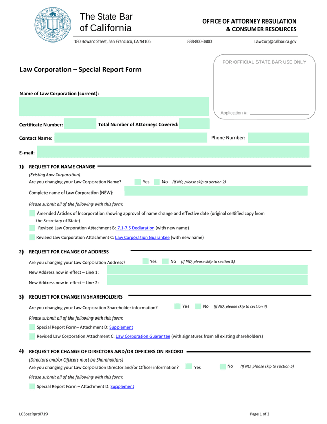 Law Corporation  Special Report Form screenshot