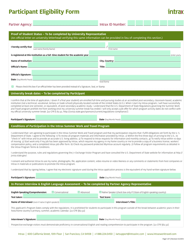 Intrax Summer Work And Travel Program Participant Agreement screenshot