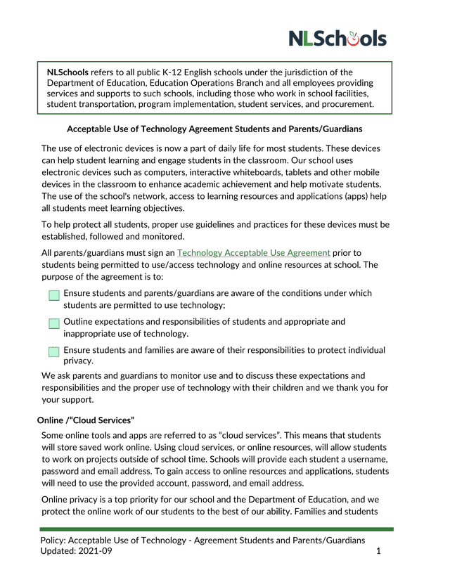 Acceptable Use Of Technology   Agreement Students And ParentsGuardians screenshot