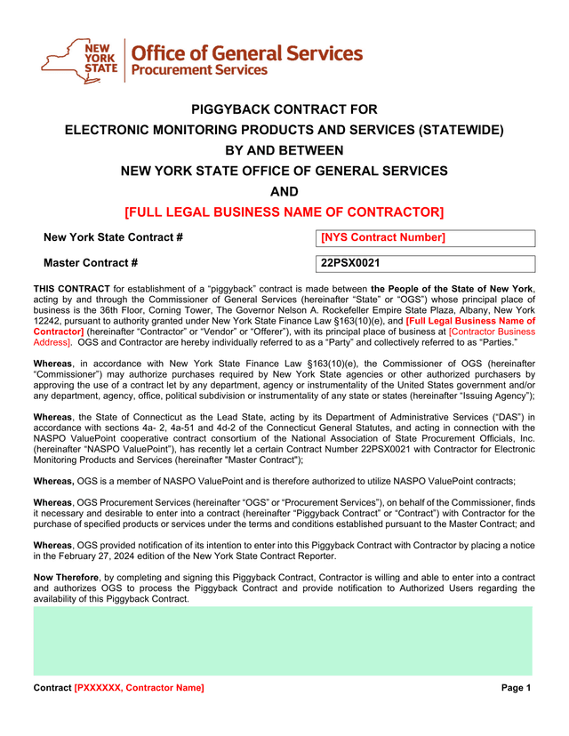 Piggyback Contract For Electronic Monitoring Products And Services (Statewide) screenshot