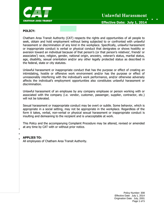 Unlawful Harassment Policy screenshot