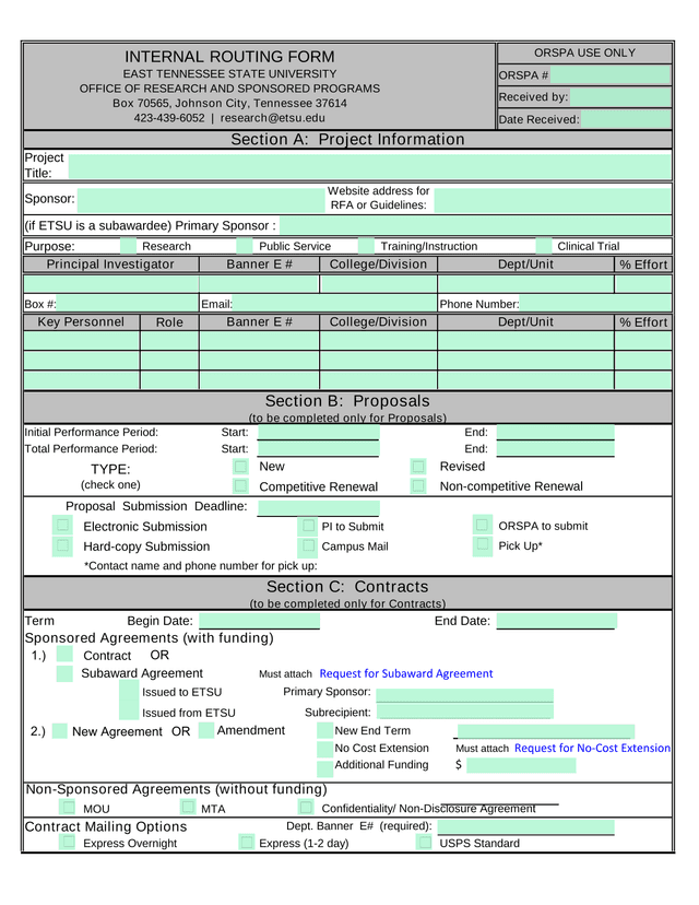 ORSPA Internal Routing Form screenshot