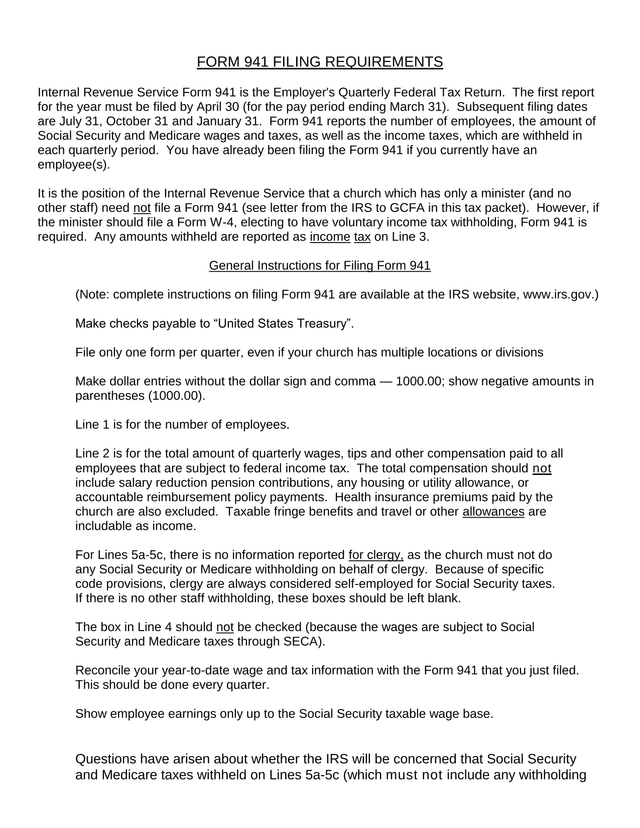 Form 941 Filing Requirements screenshot