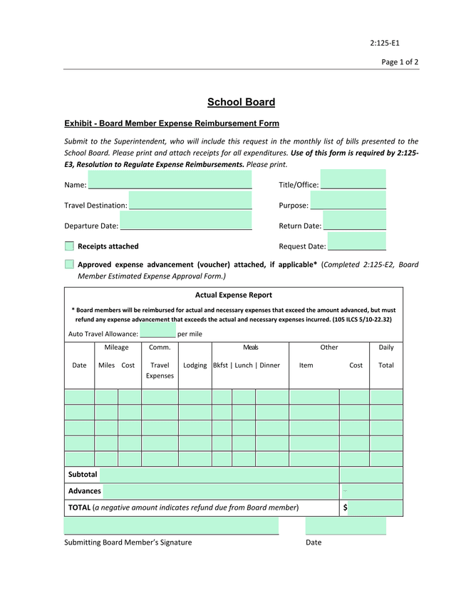 Board Member Expense Reimbursement Form screenshot