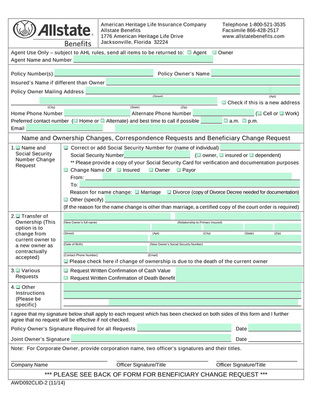 Name And Ownership Changes Request Form screenshot