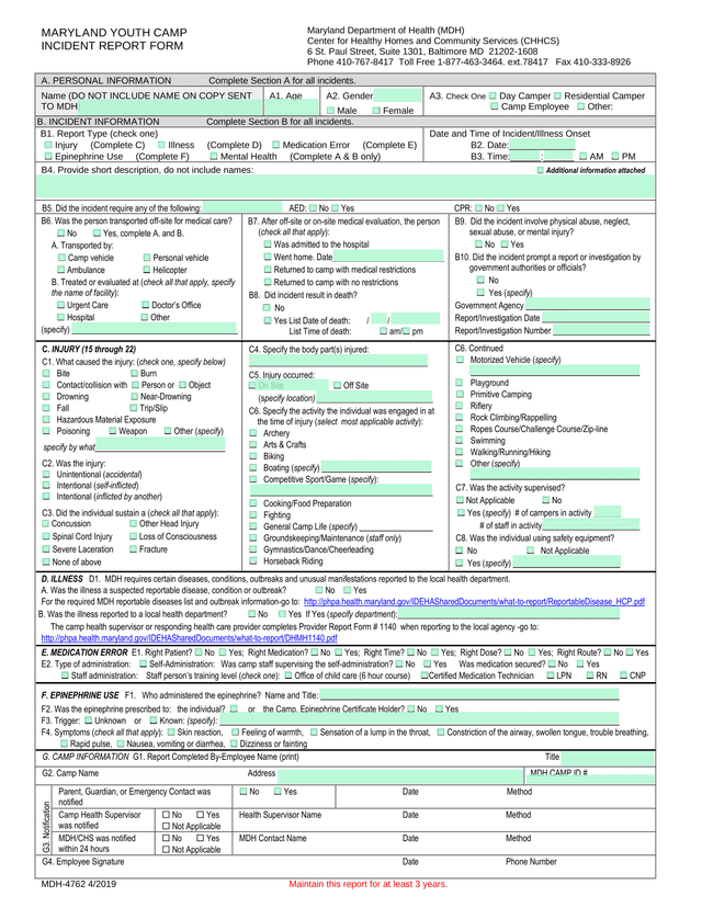 Maryland Youth Camp Incident Report Form screenshot