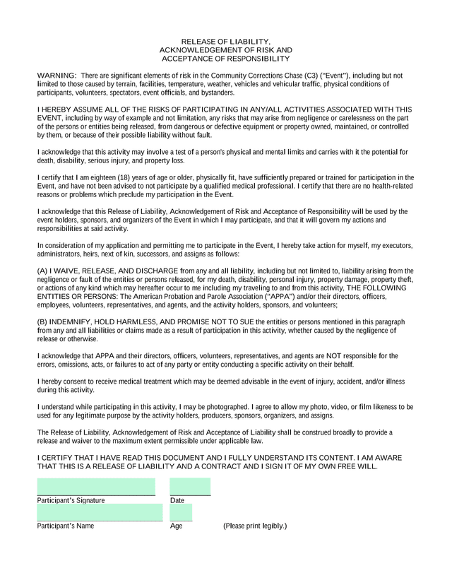Release Of Liability, Acknowledgement Of Risk And Acceptance Of Responsibility screenshot