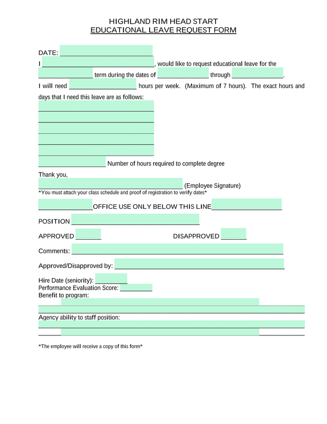 Highland Rim Head Start Educational Leave Request Form screenshot