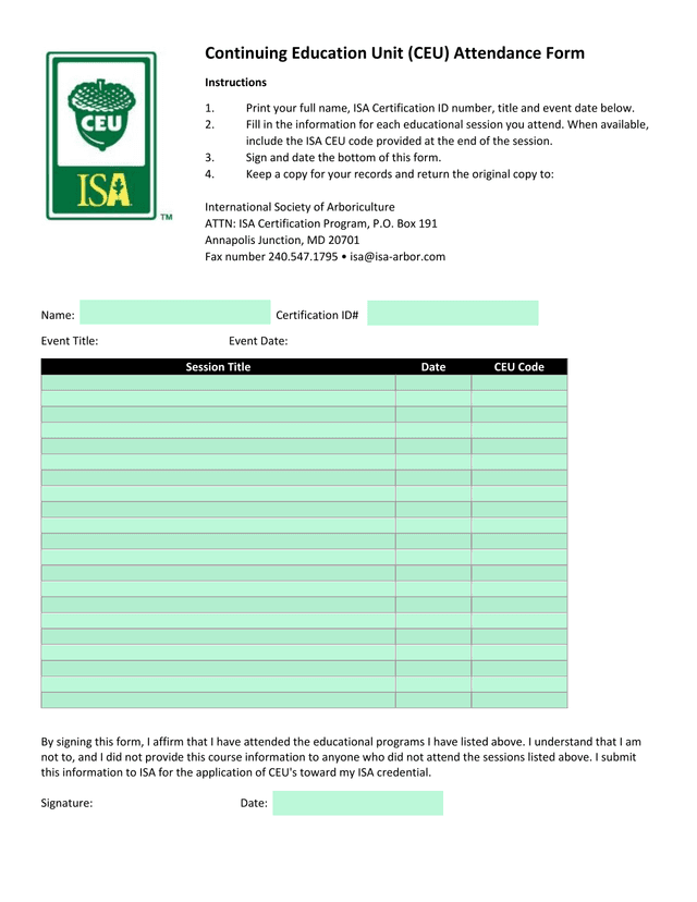 Continuing Education Unit (CEU) Attendance Form screenshot