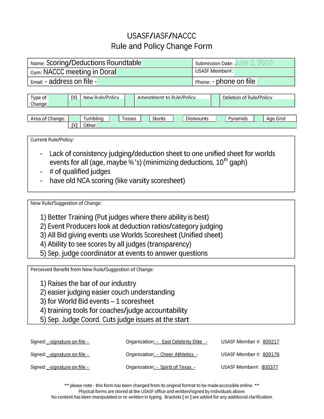 USASFIASFNACCC Rule And Policy Change Form screenshot