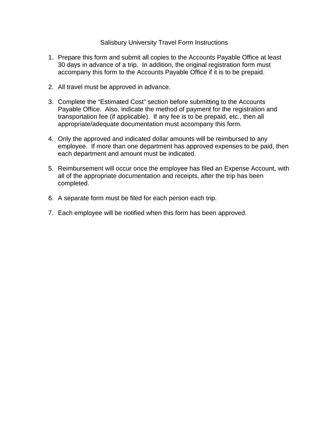 Salisbury University Travel Form Instructions screenshot