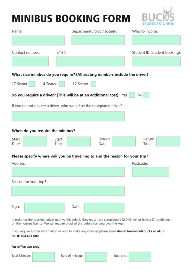 MINIBUS BOOKING FORM screenshot