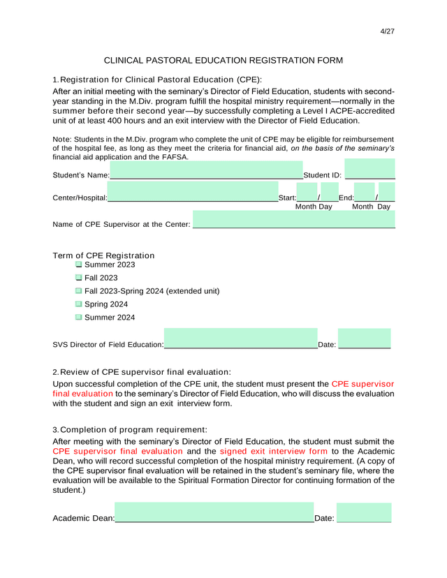 CLINICAL PASTORAL EDUCATION REGISTRATION FORM screenshot
