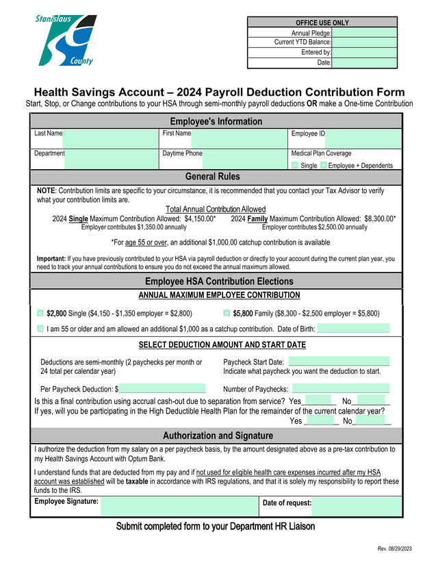 Health Savings Account  2024 Payroll Deduction Contribution Form screenshot