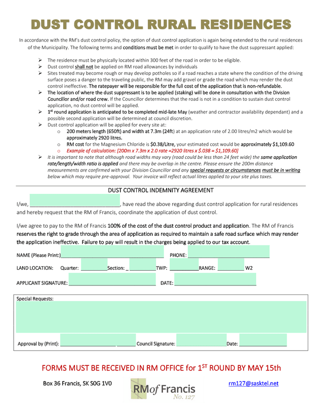 Dust Control Indemnity Agreement screenshot