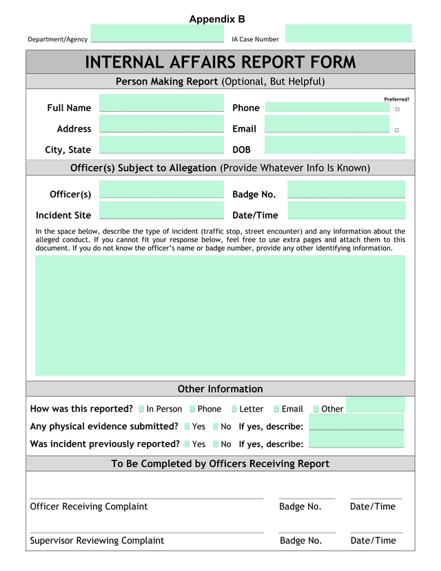 Internal Affairs Report Form screenshot
