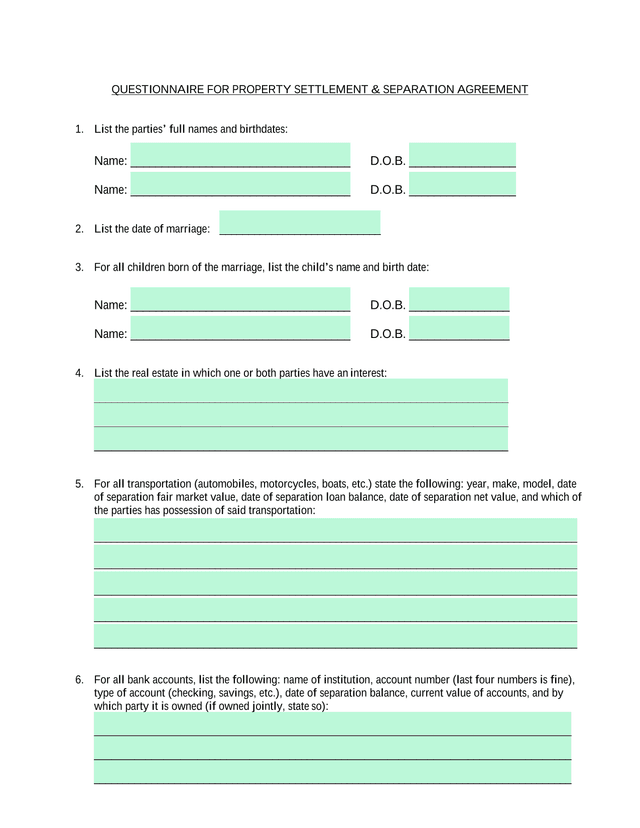 QUESTIONNAIRE FOR PROPERTY SETTLEMENT  SEPARATION AGREEMENT screenshot