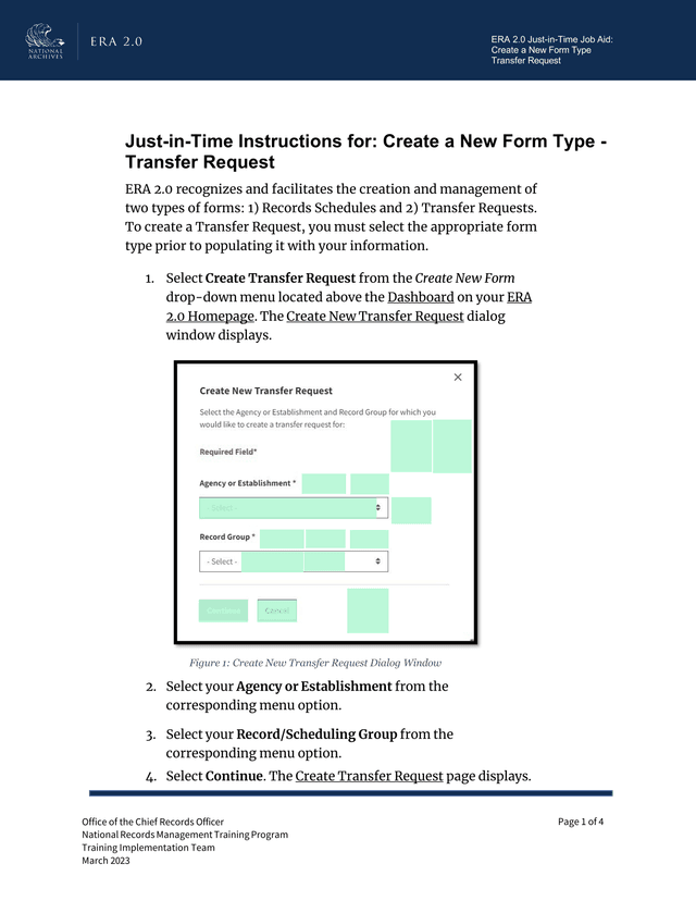 ERA 2.0 Just In Time Job Aid Create A New Form Type   Transfer Request screenshot