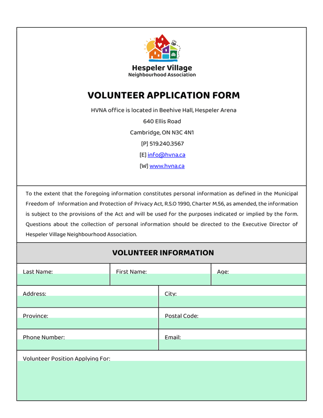 VOLUNTEER APPLICATION FORM screenshot