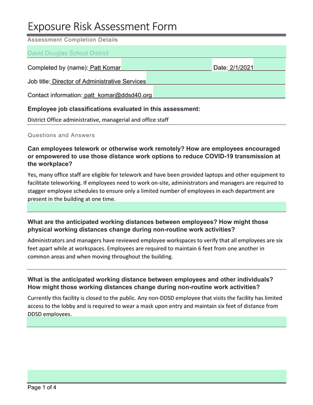 Exposure Risk Assessment Form screenshot