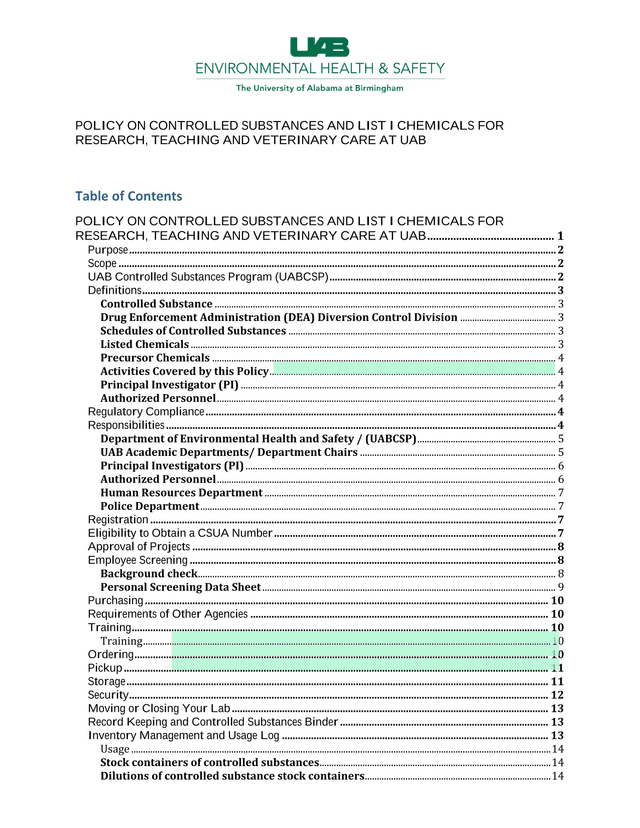 POLICY ON CONTROLLED SUBSTANCES AND LIST I CHEMICALS FOR RESEARCH, TEACHING AND VETERINARY CARE AT U screenshot