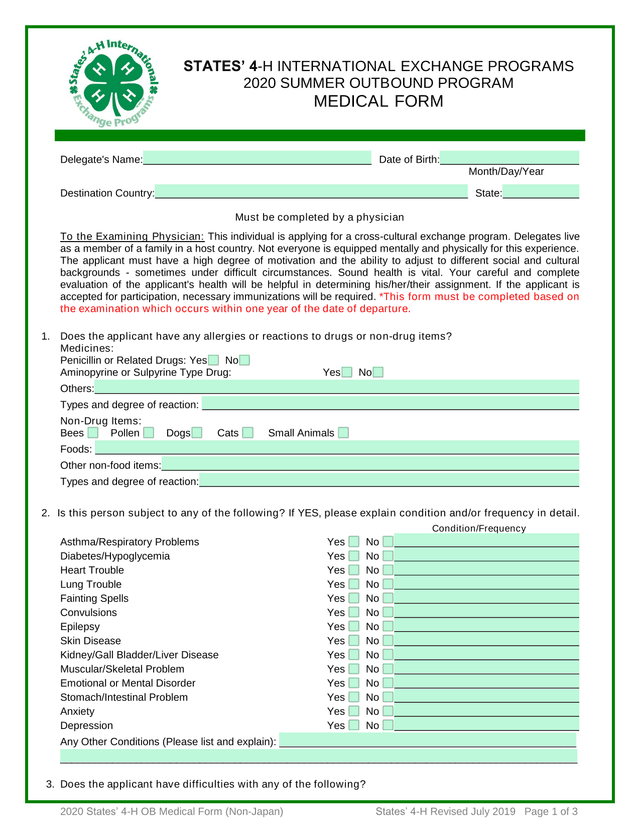 2020 States 4 H OB Medical Form (Non Japan) screenshot