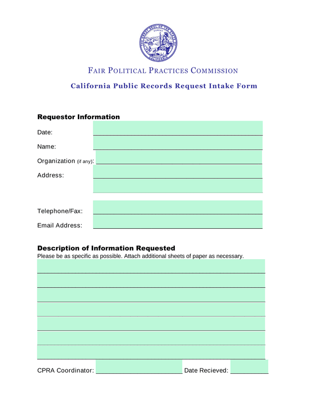 California Public Records Request Intake Form screenshot